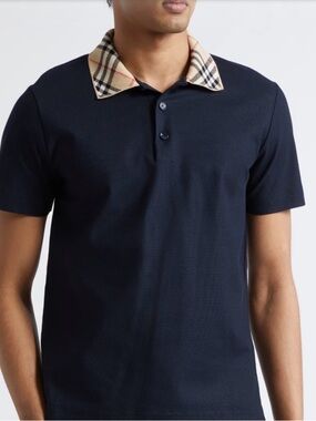 Boys Navy Burberry Polo Shirt with Patterned Contrast Collar Kids